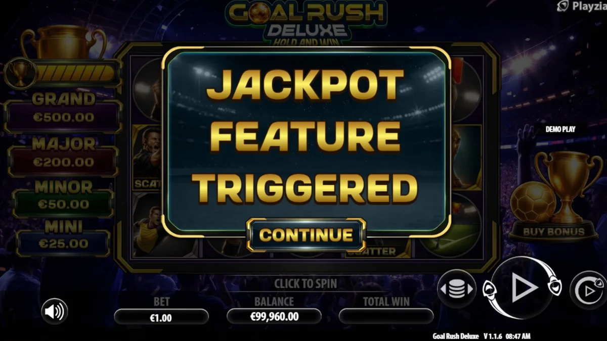 Goal Rush Deluxe Hold and Win slot game interface